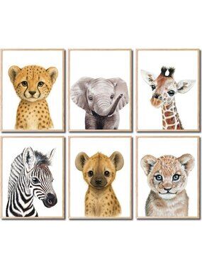 Safari Nursery Wall Art Set of 6 - Unframed Animal Decor for Baby Room - 8"x10